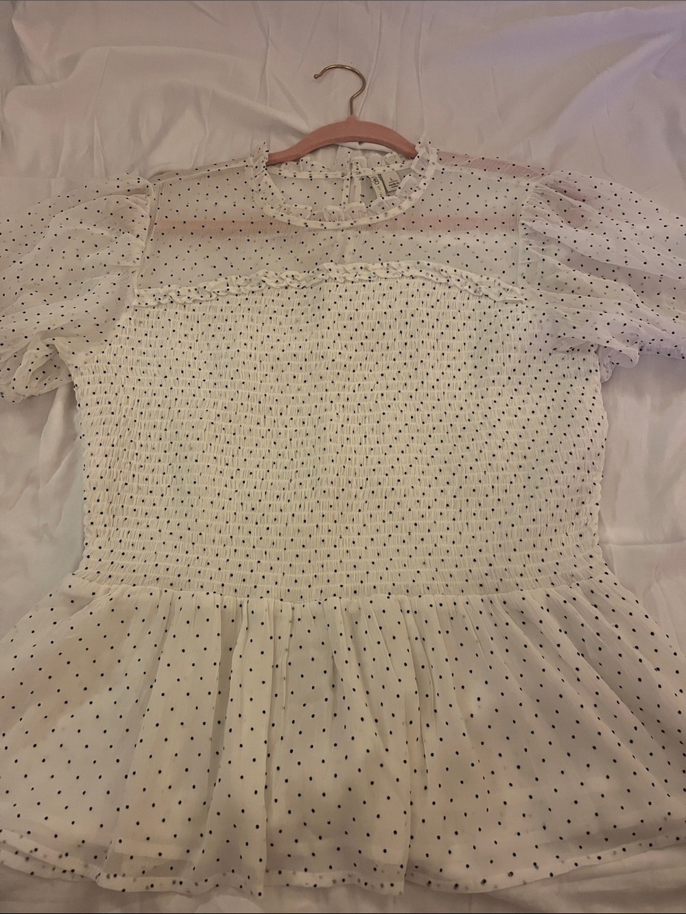 Cato White Top with Black Polka Dots and Smocked Bodice